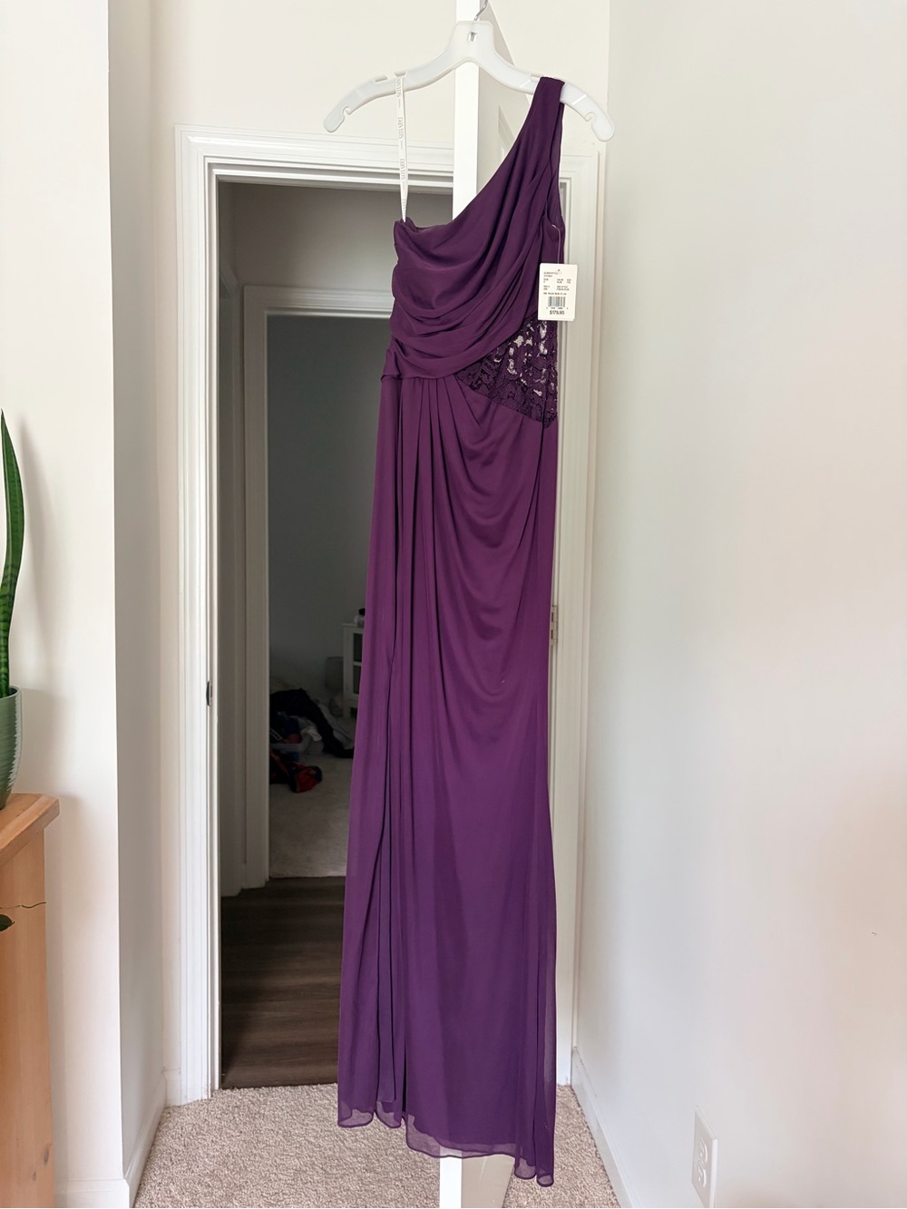 David's Bridal One-Shoulder Plum Evening Gown with Lace Side Detail